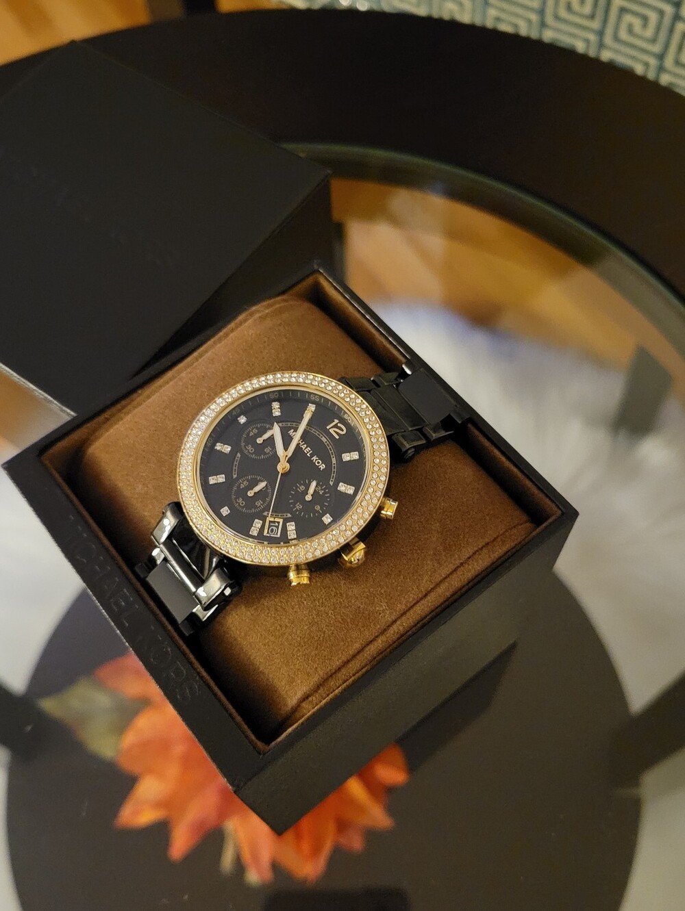 Michael Kors Black Dial Watch with Gold-Tone Accents and Crystal Bezel
